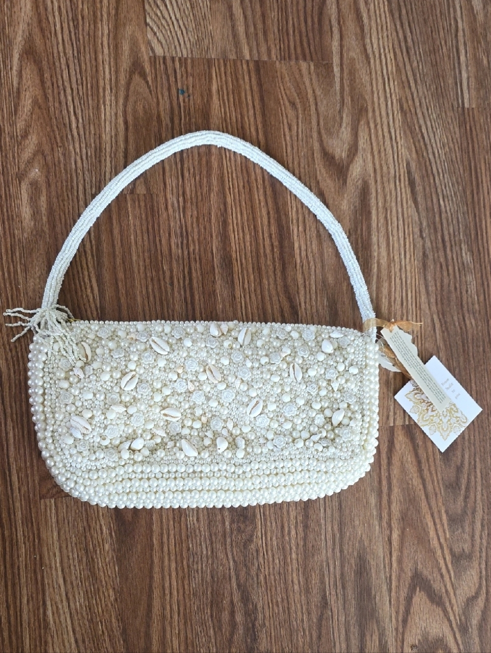 Beaded Cream Shell-Accent Shoulder Bag